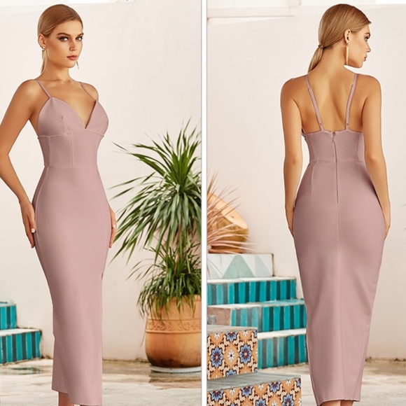 NEW! DESIGNER BEIGE BANDAGE DRESS ELEGANT COUTURE DRESS THIGH SLIT THIN STRAPS - Picture 3 of 6